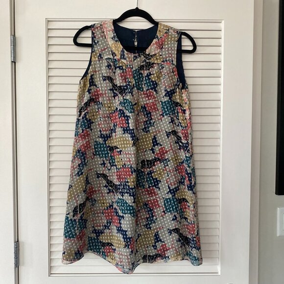 Anna Sui x Anthropologie Gray Swiss Dot Muted Floral Boho Mini Dress, Size S - Picture 1 of 5